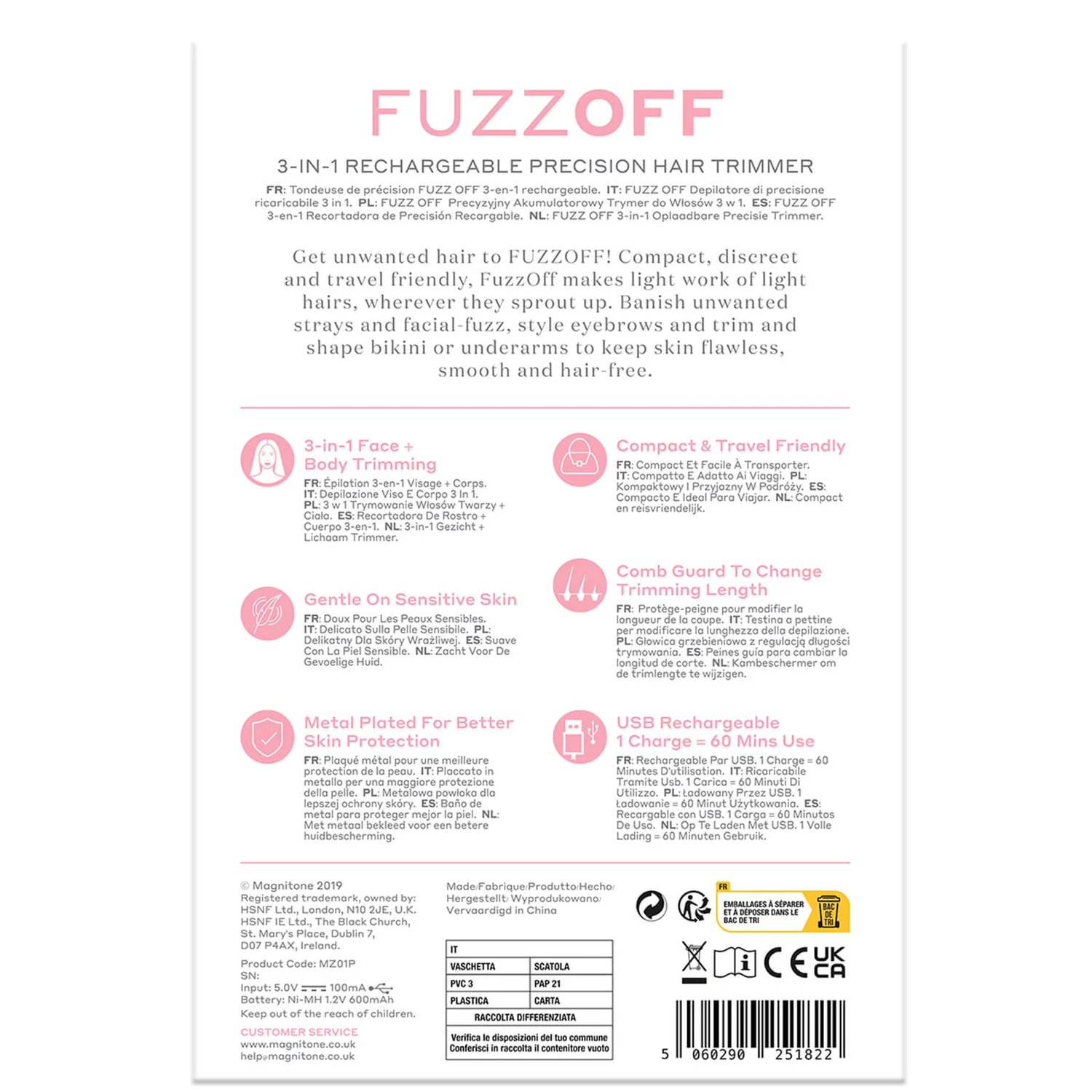 MAGNITONE London FuzzOff 3-in-1 Trimmer - Pink 8 MAGNITONE London FuzzOff 3-in-1 Trimmer - Pink - Image 8
